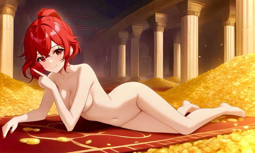 1girls ai_generated anna_(fire_emblem) blush completely_nude feet fire_emblem fire_emblem_awakening fire_emblem_heroes high_ponytail laying_on_side looking_at_viewer medium_breasts navel nedak1234 nude_female painted_fingernails red_eyes red_hair smile solo_focus