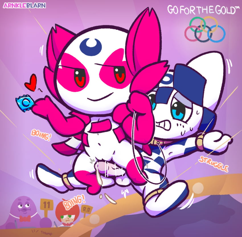 1boy 1boy1girl 1girl 2020_tokyo_olympics 2024 arnkleblarn background_character ball blue_eyes censored condom condom_wrapper crossover cum female gentials grimace_(mcdonald's) humanoid male male/female mascot mcdonald's miraitowa olympic_mascot olympics penis red_eyes someity text watermark