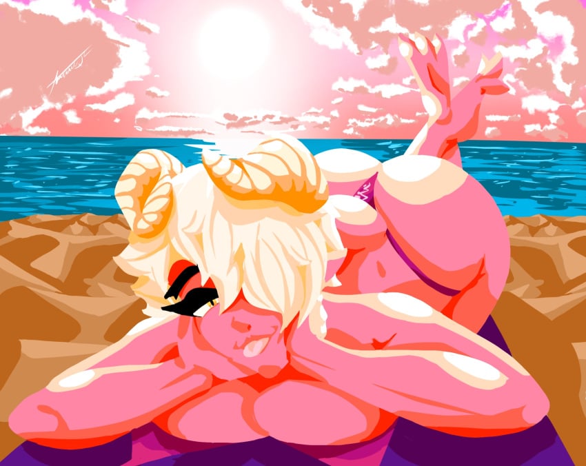 ass beach beach_background bikini bikini_bottom bikini_top body breasts cleavage clouds crossed_legs cute demon demon_girl demon_horns feet gold_eyes hair_over_one_eye horns large_ass large_breasts laying laying_down laying_on_breasts laying_on_stomach looking_at_viewer mascara nightie_(bonk150) ocean pink_body pink_skin pointy_ears pointy_toes red sand shiny silver_eyebrows silver_hair skin squished_breasts sunset toes tongue tongue_out towel unknown_artist untied untied_bikini water white_eyebrows white_hair yellow_horns