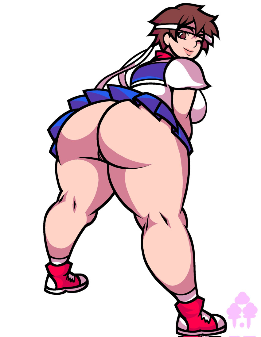 1girls ass ass_focus bottomless bottomless_skirt breasts brown_hair capcom looking_at_viewer looking_back looking_back_at_viewer sakura_kasugano school_uniform schoolgirl skirt street_fighter tagme tagme_(artist) thick thick_ass thick_thighs thighs tripleclouder upskirt wink