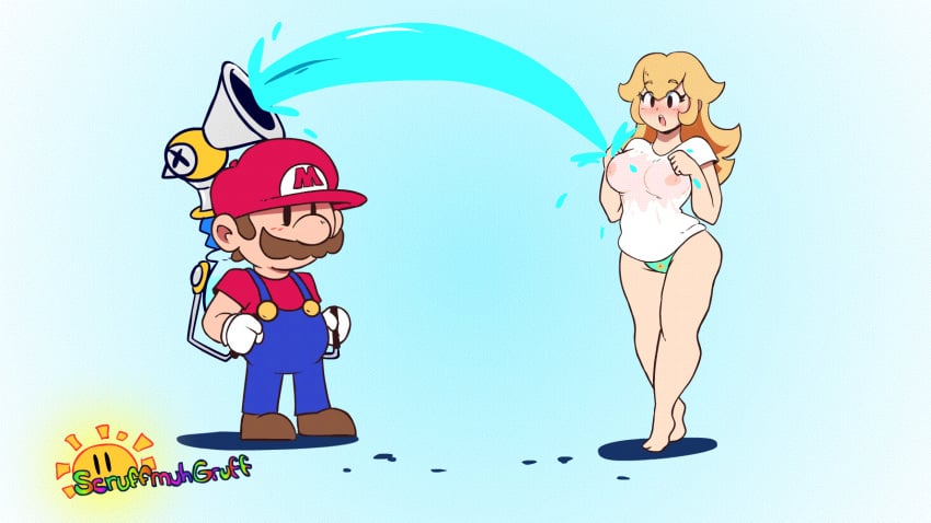 1boy 1girls 2019 animated blonde_hair blush breasts brown_hair cleavage clothing female fludd footwear hair hat human human_only long_hair mario mario_(series) nintendo nipples overalls panties plumber princess_peach scruffmuhgruff see-through shorts super_mario_sunshine video_games water wet_clothes white_shirt