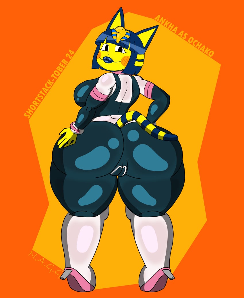 animal_crossing ankha ankha_(animal_crossing) anthro back_view blue_hair blue_latex_bodysuit blue_lipstick blue_outfit bodysuit cat_ears cat_tail egyptian_cat fat_ass furry heels huge_ass latex latex_suit looking_back notagoodguy1_(autor) ochako_uraraka_(cosplay) october shiny_clothes shortstack shortstack-tober small_female striped_tail thick_lips yellow_fur