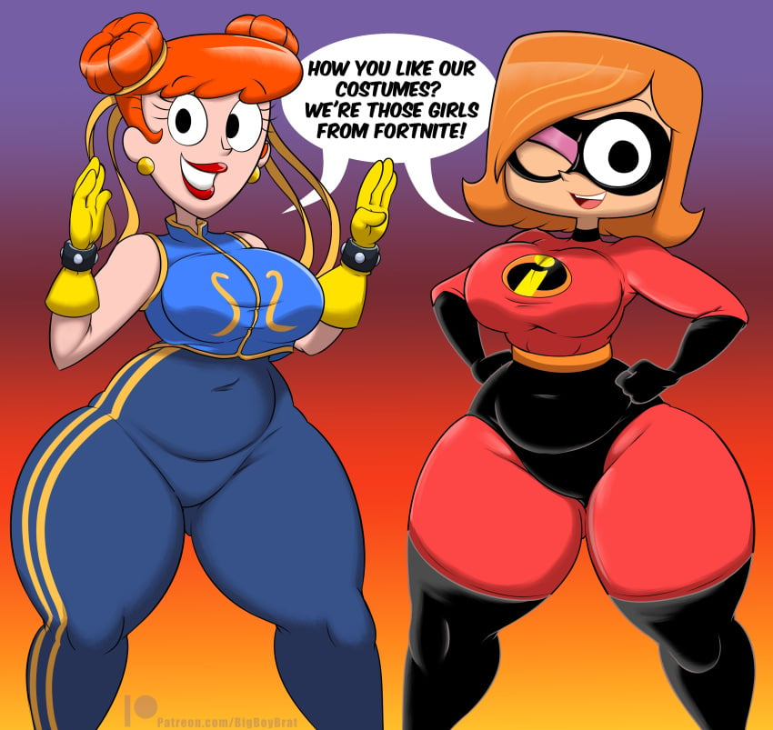 2girls bottom_heavy breasts chun-li_(cosplay) cosplay crossover debbie_turnbull dexter's_laboratory dexter's_mom dialogue elastigirl_(cosplay) female female_only fully_clothed looking_at_viewer milf mother orange_hair png robotboy smile street_fighter talking_to_viewer teenagebratwurst text the_incredibles thick_thighs wide_hips wink winking_at_viewer