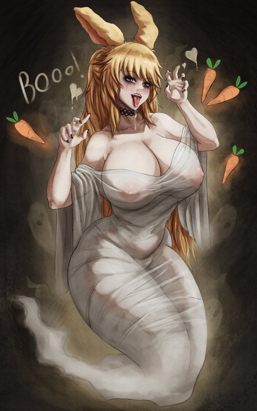 big_breasts black_nail_polish black_nails blonde_hair blush breasts brown_highlights bunny_ears bunny_girl choker drooling drooling_tongue eyelashes eyeliner female female_only final_fantasy final_fantasy_xiv ghost ghost_girl halloween halloween_costume halloween_theme heterochromia long_hair lordmagnuss makeup makeup_running massive_breasts nipples nipples_visible_through_clothing oc original_character ponytail reagan_reaves translucent_clothing viera