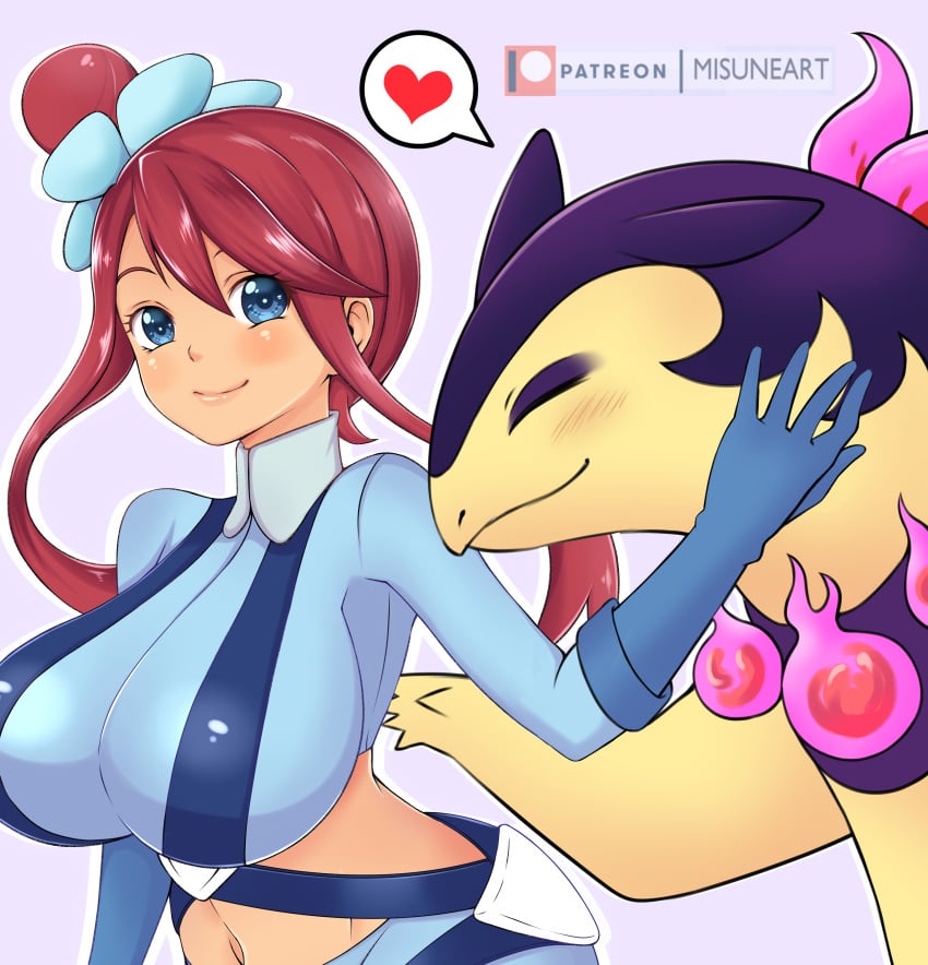 1girls 1other 2024_pokemon_teraleak absurd_res artist_name big_breasts blue_eyes blush breasts caress closed_eyes creatures_(company) cropped_jacket game_freak generation_8_pokemon gloves gym_leader hair_ornament heart hi_res hisuian_form hisuian_typhlosion imminent_bestiality imminent_sex long_sleeves meme midriff misune_art monster navel nintendo pokemon pokemon_(species) pokemon_bw pokephilia red_hair short_hair_with_long_locks sidelocks simple_background skyla_(pokemon) smile spoken_heart topknot typhlosion