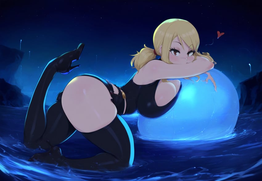 1girls ai_generated alternate_costume blonde_hair brown_eyes fairy_tail female large_breasts lucy_heartfilia mullon novelai seductive thick_thighs water