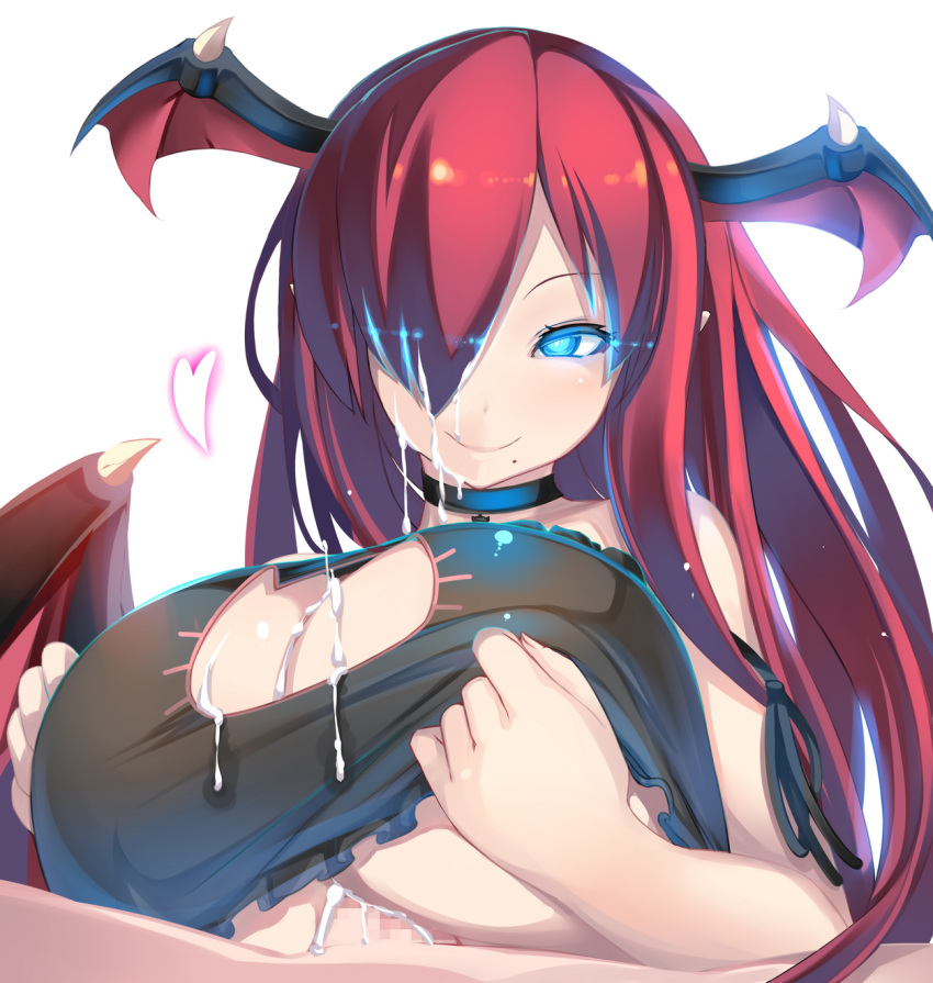 beauty_mark blue_eyes bra breasts cat_cutout censored choker cleavage cleavage_cutout clothed_paizuri cum cum_between_breasts cum_in_hair cum_on_breasts cum_on_face demon female gigantic_breasts glowing glowing_eyes hair_over_one_eye head_wings heart highres huge_breasts humanoid hyper_breasts large_breasts long_hair male membranous_wings mole_(marking) paizuri penis pointy_ears psyg2 red_hair sex smile straight underwear wings