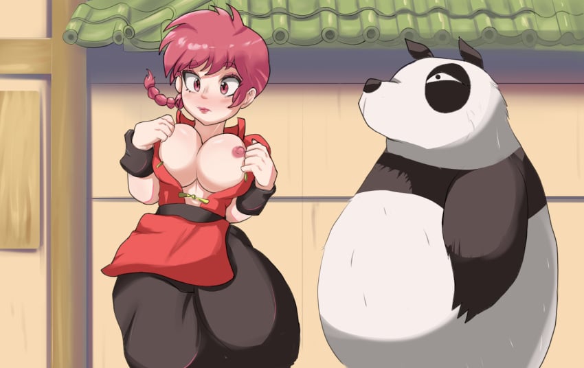 breasts_out genma_saotome panda pink_hair ranma-chan ranma_1/2 ranma_saotome undressing