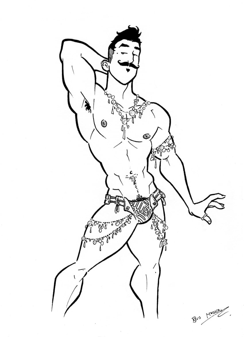 1boy armpit_hair artist_name artist_signature bara beauty_mark bevis_musson biceps black_and_white dark_hair dorian_pavus dragon_age dragon_age_inquisition ear_piercing earrings facial_hair gay_male half-dressed half_naked human human_only jewelry mage male male_only male_pubic_hair mole monochrome moustache moustache muscles muscular muscular_male necklace nipples pecs piercing pubic_hair ring seductive_look shirtless shirtless_male showing_off smooth_chest solo solo_male standing standing_position teasing underwear video_games