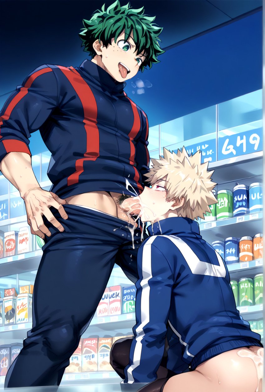 ai_generated anime bakugou_katsuki bara blonde_hair blowjob bottomless cum cum_in_mouth cumshot deepthroat fully_clothed gay hentai kl_99 male male/male male_only midoriya_izuku my_hero_academia nsfw public sex store yaoi