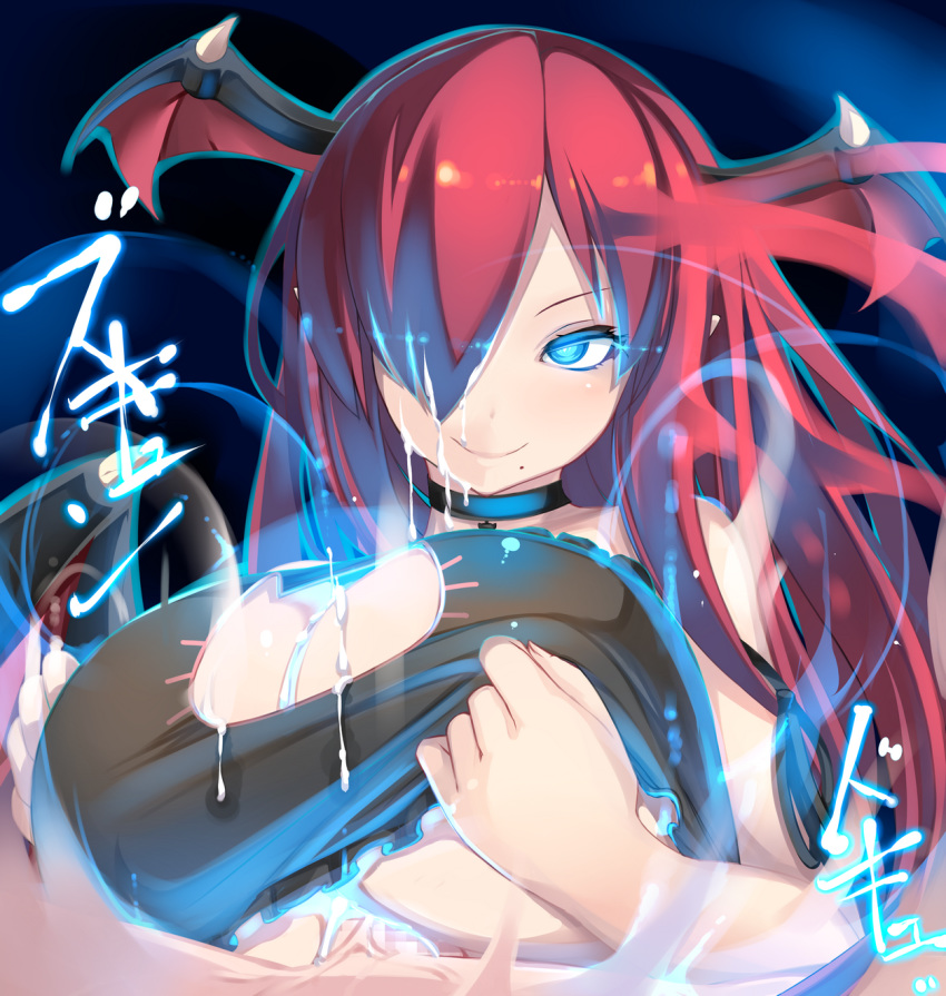 beauty_mark blue_eyes bra breasts cat_cutout censored choker cleavage cleavage_cutout clothed_paizuri cum cum_between_breasts cum_in_hair cum_on_breasts cum_on_face demon female gigantic_breasts glowing glowing_eyes hair_over_one_eye head_wings heart highres huge_breasts humanoid hyper_breasts large_breasts long_hair male membranous_wings mole_(marking) paizuri paizuri_under_clothes penis pointy_ears psyg2 red_hair sex smile straight underwear wings