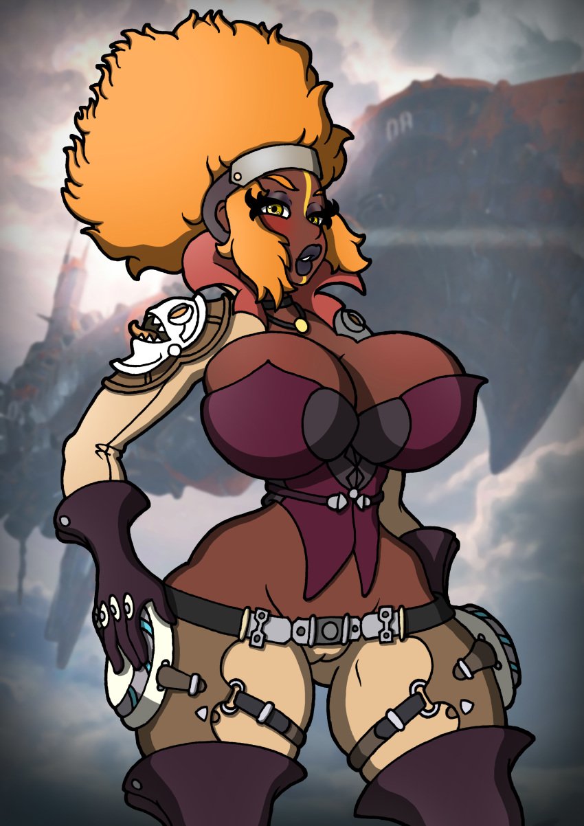 afro ayana_kwena breasts coldsixthousand dark-skinned_female dark_skin eye_shadow gloves hips lipstick orange_hair raiders_of_the_broken_planet skin_tight spacelords thick_thighs thighs video_games