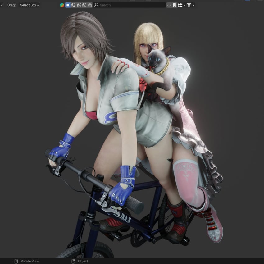 2girls b9n bicycle big_breasts bottomless cleavage emilie_de_rochefort female female_only kazama_asuka multiple_girls salt_(tekken) tekken tekken_8 thick_thighs wholesome yuri