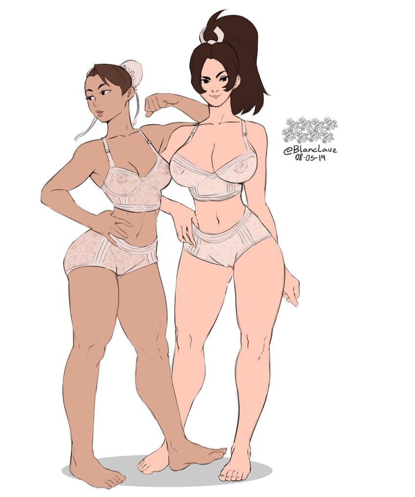 2girls big_breasts blanclauz bra breasts capcom chun-li death_battle fatal_fury feet female female_focus female_only hourglass_figure king_of_fighters mai_shiranui pussy small_breasts snk street_fighter thick_thighs underwear voluptuous wide_hips