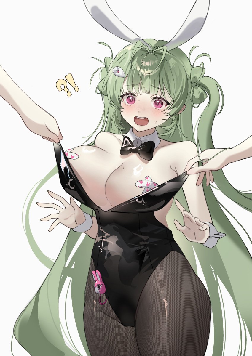 !? absurdres animal_ears bandaid black_bow black_bowtie black_leotard bow bowtie breasts detached_collar fake_animal_ears female goddess_of_victory:_nikke green_hair highres leotard leotard_tug mole mole_on_breast official_alternate_costume pink_eyes pkts1017 playboy_bunny rabbit_ears soda_(nikke) soda_(twinkling_bunny)_(nikke) solo strapless strapless_leotard wrist_cuffs