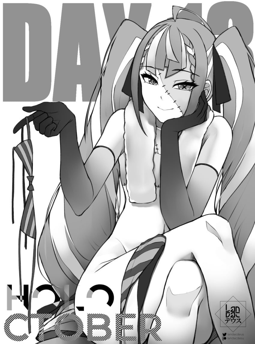 1girls black_and_white convenient_censoring covered_nipples female grayscale holoctober hololive hololive_indonesia kureiji_ollie landacdeus legs_crossed looking_at_viewer mostly_nude naked nude smiling_at_viewer solo towel twintails virtual_youtuber vtuber