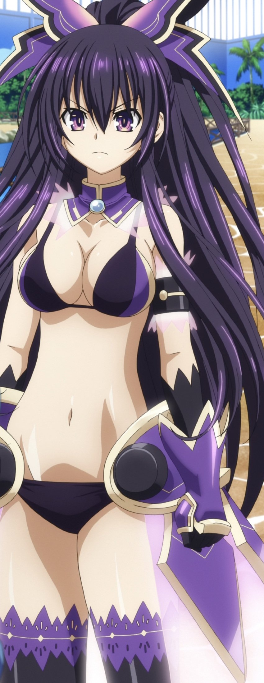 1girls big_breasts bikini bikini_top_only breasts busty cleavage date_a_live female female_only gloves highres large_breasts legs navel purple_bikini purple_eyes purple_hair screencap serious stitched swimsuit thighs third-party_edit voluptuous yatogami_tohka