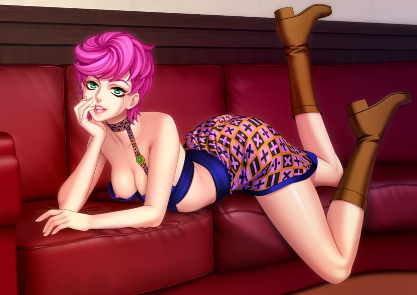 1girls ass bedroom_eyes boots breasts clothed clothing couch female female_only green_eyes jojo's_bizarre_adventure legendarysoulii legs_up legwear looking_at_viewer nipple_slip nipples pink_hair short_hair skirt small_breasts smile sofa solo trish_una vento_aureo