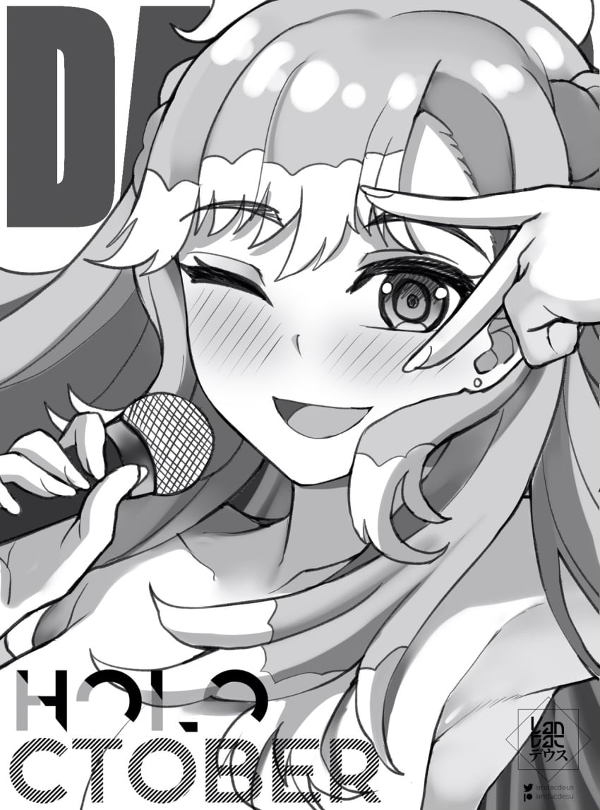 1girls black_and_white blush breasts convenient_censoring female grayscale holoctober hololive hololive_indonesia idol kobo_kanaeru landacdeus looking_at_viewer mostly_nude naked nude performance smile smiling smiling_at_viewer solo virtual_youtuber vtuber