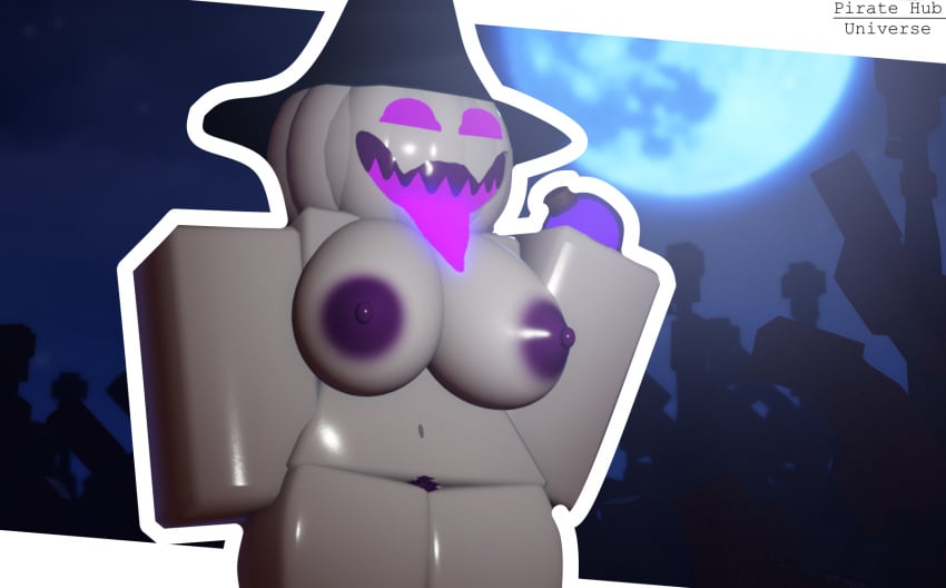 1girls 3d 3d_(artwork) big_breasts full_moon grey_body night nudist pumpkin pumpkin_head purple roblox robloxian solo_female tagme tongue_out witch witch_hat