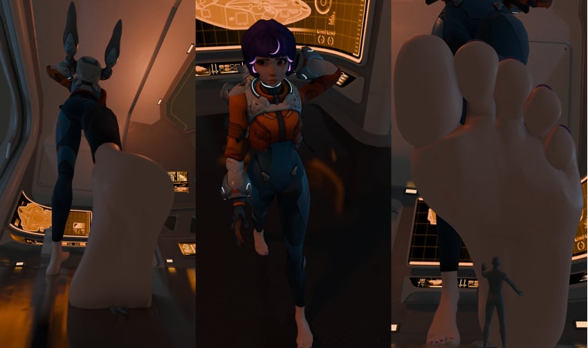 3d barefoot feet foot_fetish giantess hexmakiac juno_(overwatch) larger_female overwatch overwatch_2 shrinking shrunken_male smaller_male tiny unaware