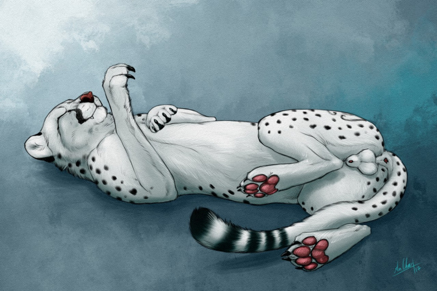 2017 anatomically_correct anatomically_correct_genitalia anchee animal_genitalia anus balls cheetah claws closed_eyes cute_fangs digital_drawing_(artwork) digital_media_(artwork) fangs felid feline feline_genitalia feral fur genitals happy lying male mammal markings on_back pawpads paws penis penis_tip pose relaxing sheath signature simple_background smile solo spots spotted_body spotted_fur tail tail_anus teeth white_body white_fur