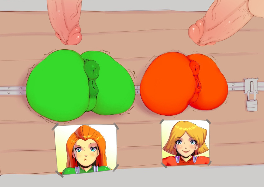 2girls anus anus_visible_through_clothes apostle ass backblast bad_anatomy big_ass blue_eyes clothed clothing_skin clover_(totally_spies) dat_ass edit female huge_ass penis puffy_anus pussy rear_view sam_(totally_spies) sunnysundown through_wall tight_clothes tight_clothing totally_spies