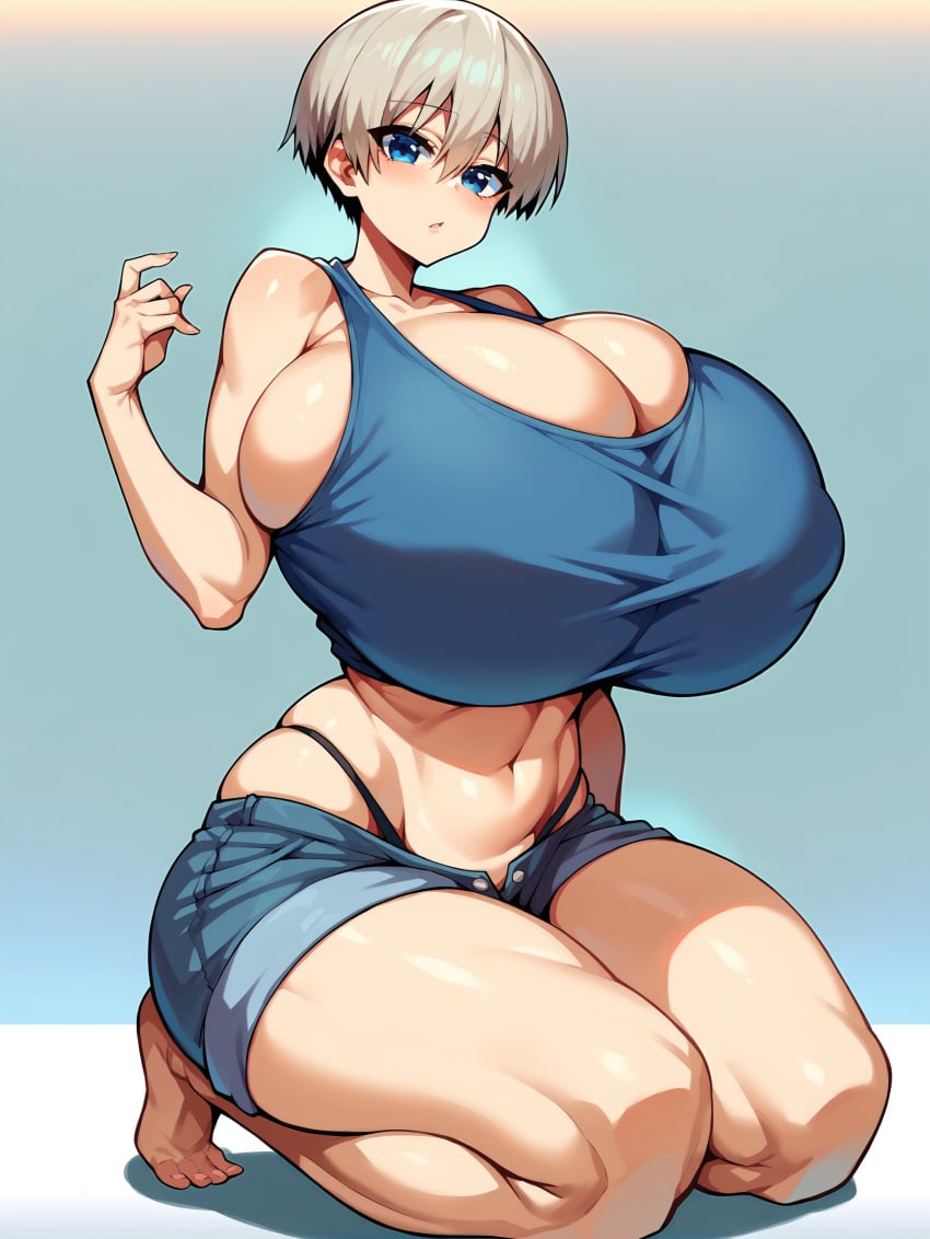 ai_generated bare_shoulders barefoot blue_eyes breasts cleavage female gigantic_breasts huge_breasts looking_at_viewer navel panties seiza short_hair shorts solo syperai tank_top thick_thighs thighs underwear uzaki-chan_wa_asobitai! uzaki_hana