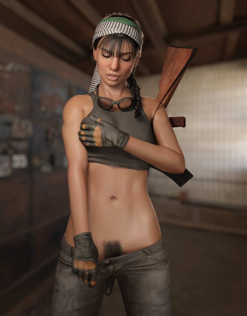 1girls abs absurd_res ak-74 arabian bangs black_hair braid brown_skin bushy_pubes call_of_duty call_of_duty_modern_warfare closed_eyes depth_of_field emberstock farah_karim female firearm fit_female gloves goggles_around_neck gun headwear middle_eastern muslim open_mouth pov showing_off solo tan_skin teasing weapon