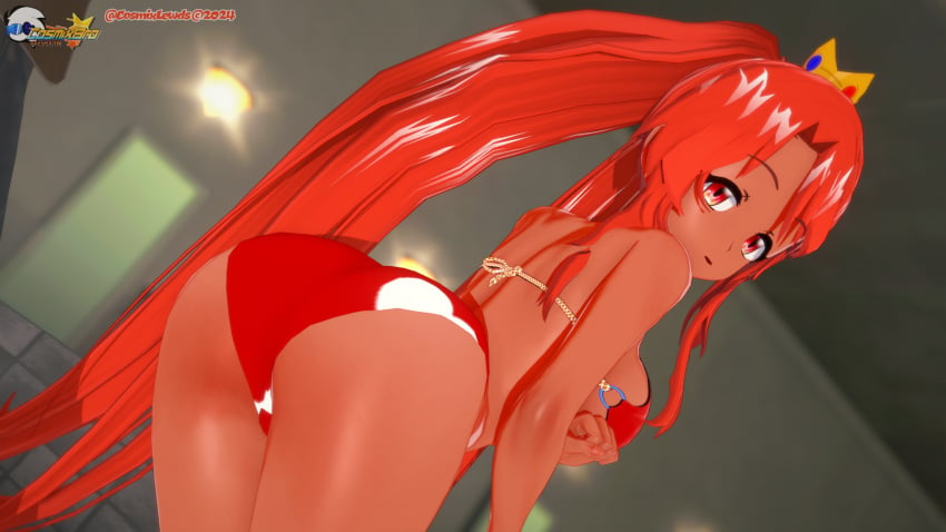 16:9 3d 3d_(artwork) alternate_version_available anime_style ass ass_focus bathroom breasts cosmixlewds dark-skinned_female female hi_res koikatsu looking_at_viewer original_character partially_clothed pov princess red_hair rumi_heart_(cosmixlewds) shiny_skin sideboob starling_heroes swimsuit watermark