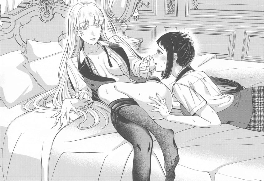 ass_visible_through_thighs bed bed_sheet black_and_white blush breasts cleavage collarbone doujinshi feet hand_on_head igarashi_sayaka kakegurui kanbayashi_makoto long_hair lying medium_breasts momobami_kirari no_bra no_skirt open_clothes open_mouth pantyhose_pull school_uniform smile sweat sweaty_body thighs toes yuri