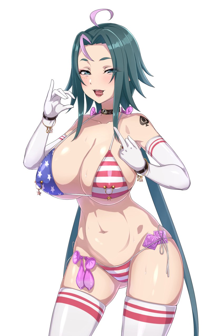 absurdres ahoge american_flag american_flag_bikini american_flag_print bikini bimbofication black_collar blush bracelet breasts character_request collar condom condom_belt condom_wrapper contrapposto copyright_request cowboy_shot curvy elbow_gloves eyeshadow facial_mark fellatio_gesture female flag_print gloves green_eyes green_hair handjob_gesture highres jahmonger jewelry large_breasts long_hair looking_at_viewer makeup micro_bikini middle_finger multicolored_hair multiple_condoms navel nipple_piercing open_mouth parted_bangs piercing piercing_through_clothes pink_eyeshadow pink_hair pinky_out print_bikini queen_of_spades_symbol short_eyebrows side-tie_bikini_bottom skindentation smirk solo stomach strap_gap streaked_hair string_bikini studded_collar sweat swimsuit thighhighs tongue tongue_out tongue_piercing transparent_background underboob used_condom very_long_hair white_gloves white_thighhighs wolf_cut wristband