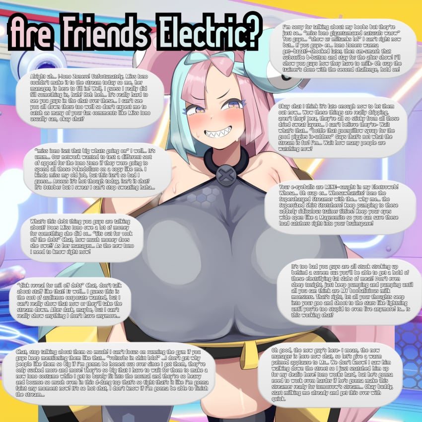 1girls alternate_breast_size caption cham22 english english_text female first_person_view gamefreak gender_transformation gigantic_breasts huge_breasts iono_(pokemon) jerma985 mtf_transformation multicolored_hair nintendo pokemon pokemon_sv shark_teeth shortstack story_in_picture sweaty sweaty_breasts text theaream thick_thighs two_tone_hair