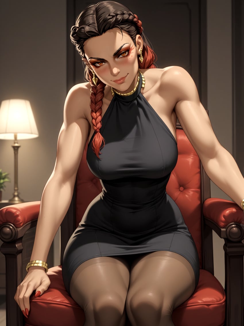 1girls ai_generated apex_legends arm_support big_breasts big_sister black_dress blush bracelet bracelets braided_hair brown_hair chair choker collarbone conniexx curvaceous curvy curvy_body curvy_female curvy_figure dim_lighting dominant_female earring earrings female gold_jewelry hair_over_shoulder halter_dress indoors jewelry knees large_breasts leaning_forward legs_together lips living_room loba_(apex_legends) looking_at_viewer makeup mature_female milf muscular muscular_female older_female older_sister orange_eyes pantyhose red_hair red_nails shoulders sitting small_waist smile smiling smiling_at_viewer smirk thick_thighs thighs wide_hips