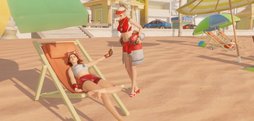 barefoot beach feet foot_fetish giantess hexmakiac kiriko_(overwatch) larger_female lifeguard_kiriko lifeguard_mercy mercy overwatch overwatch_2 shrinking shrunken_male smaller_male tiny unaware