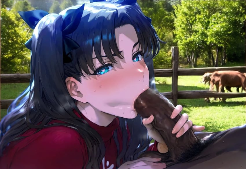 ai_generated black_hair blowjob blowjob_face censored dark-skinned_male fate/grand_order fate_(series) fellatio female interracial ishtar_(fate) long_hair male mirham mosaic_censoring straight sucking_penis tohsaka_rin twintails