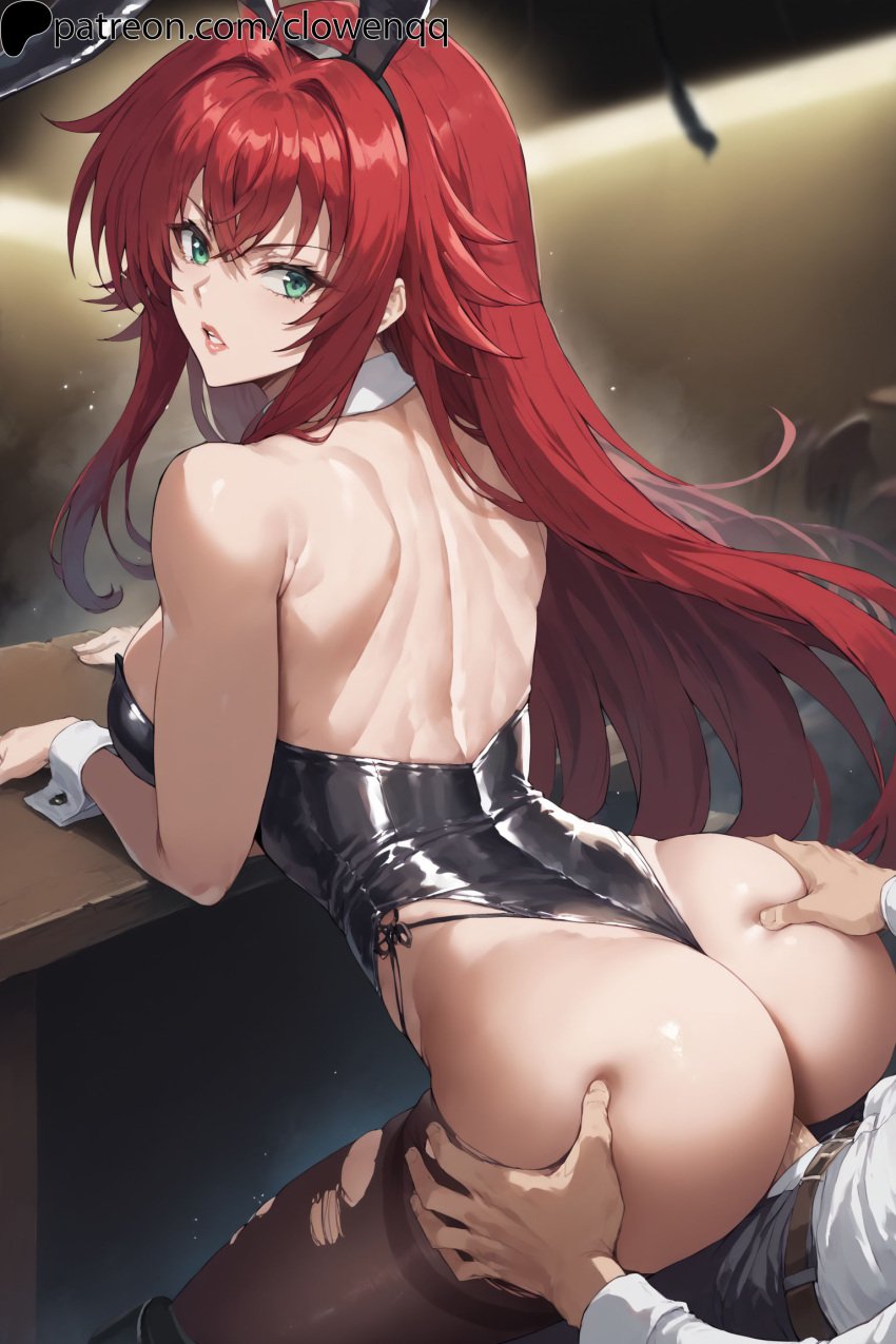 1boy 1girls ai_generated ass ass_grab bodysuit breasts bunny_ears bunnysuit clothing clowenqq female hands_on_ass high_school_dxd long_hair looking_back pantyhose penetration penis red_hair rias_gremory sex sex_from_behind torn_pantyhose uncensored