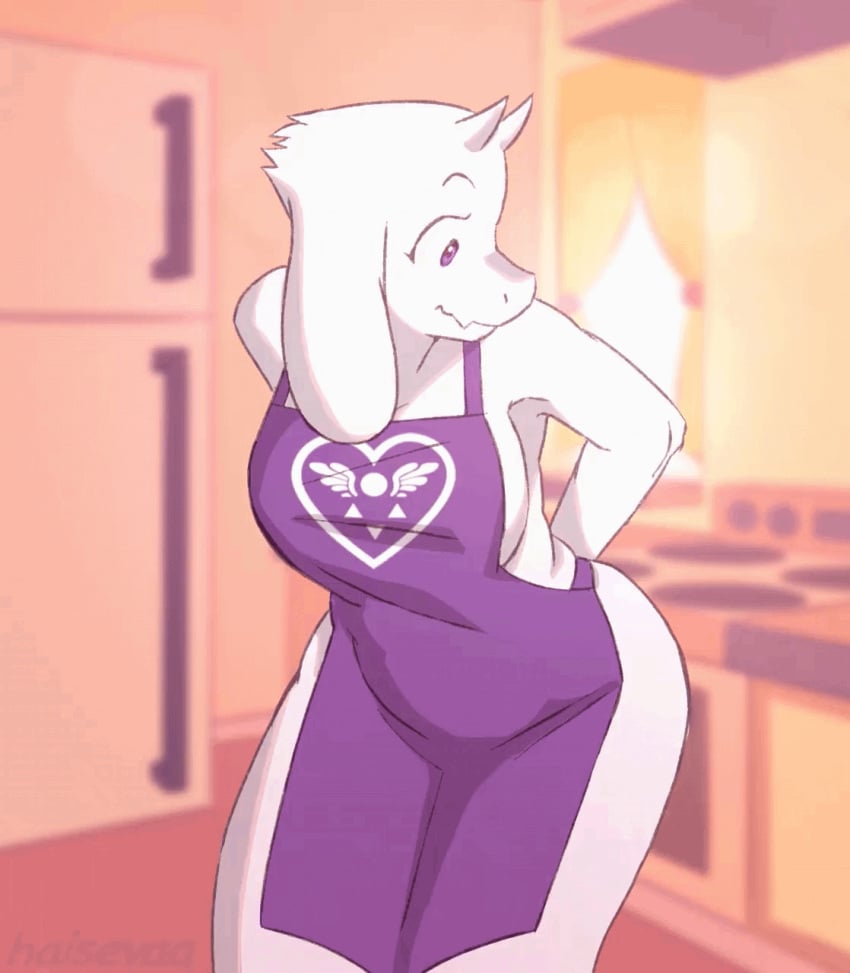 1girls accidental_exposure animated apron apron_only areolae ass big_ass big_breasts blush bottomless bouncing_breasts breasts breasts_out delta_rune_(emblem) exposed_breasts furry gif goat goat_girl goat_horns haisevaa horns kitchen mature mature_female milf naked_apron nipples purple_eyes shocked solo thick_thighs toriel tying_apron undertale white_fur