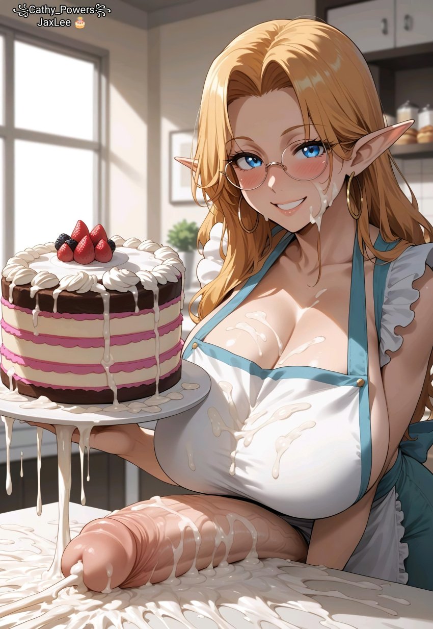 ai_generated apron bakery blonde_hair blush bukkake cake cathy_powers cleavage cum cum_on_body cum_overflow earrings elf elf_ears elf_female excessive_cum frosting futanari glasses highres hoop_earrings huge_breasts huge_cock long_hair original_character patreon smile solo