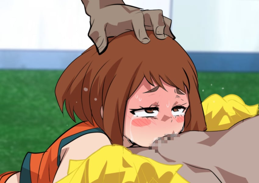 blush_stickers boku_no_hero_academia brown_eyes brown_hair cheerleader female grass jcm2 official_alternate_costume oral pom_pom_(cheerleading) short_hair tears uraraka_ochako