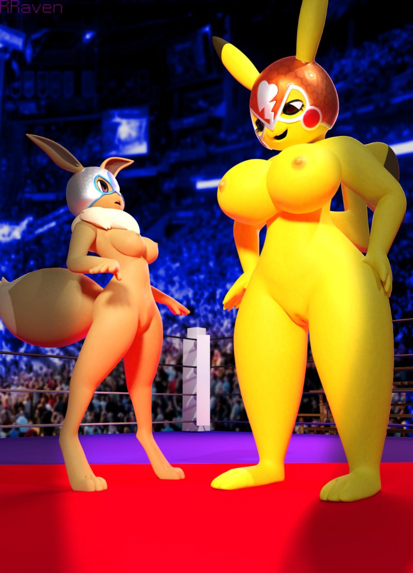 2019 3d anthro anthrofied audience breast_expansion breasts cosplay_pikachu crowd eevee group growth hi_res macro micro nintendo nsfwo nsfwo262 pikachu pikachu_libre pokémon_(species) pokemon pokemon_(species) pussy rareraven smile surprise video_games watermark wo262 wrestling