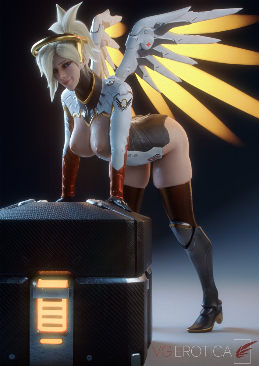 1girls 3d angela_ziegler blonde_hair blue_eyes female_only heels lootbox mercy overwatch overwatch_2 pale-skinned_female ponytail smile smiling_at_viewer solo swiss vgerotica wings