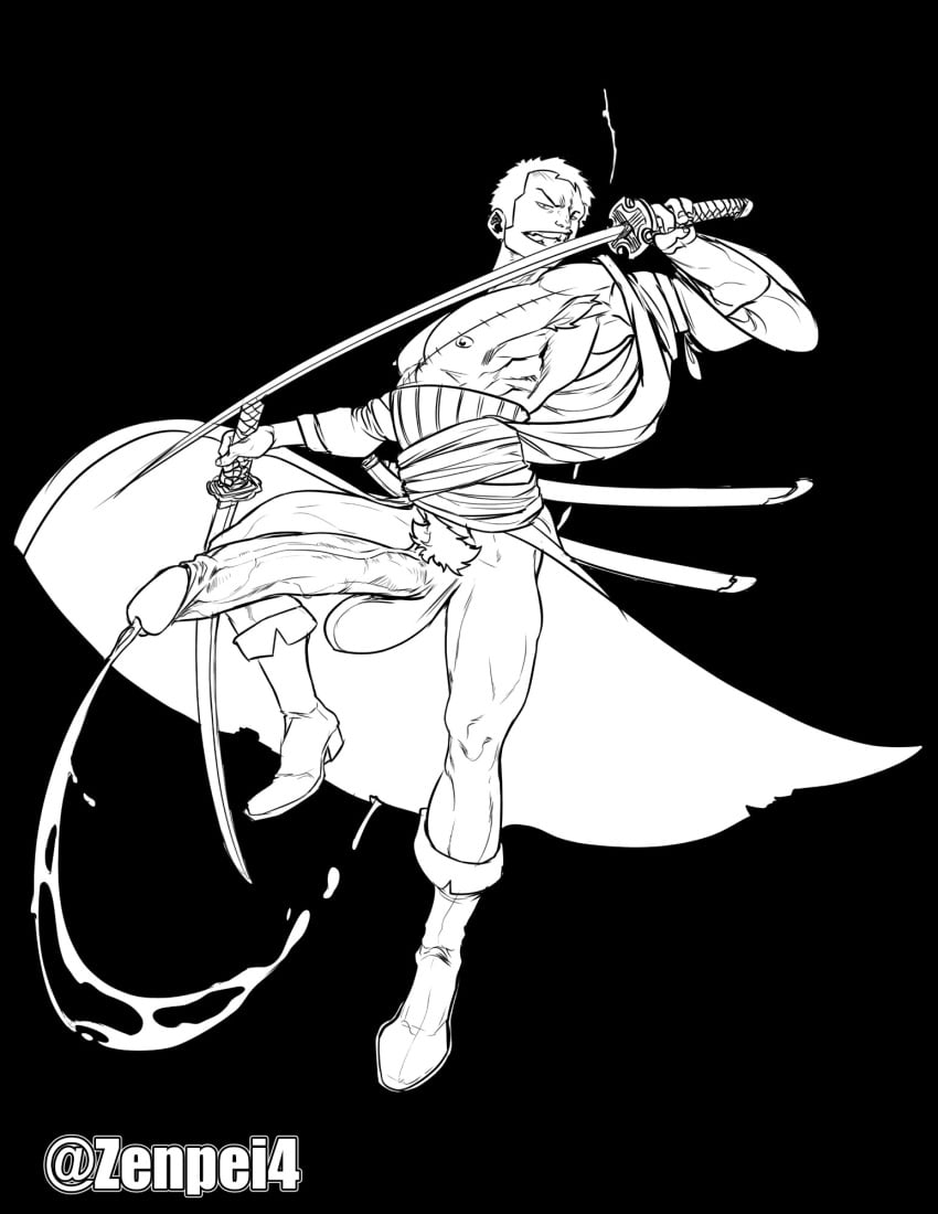 1boy armpit_hair balls bara barazoku big_balls big_penis boner cum erection huge_cock male male_only monochrome one_piece orgasm pantsless penis roronoa_zoro solo solo_male sword swords zenpei