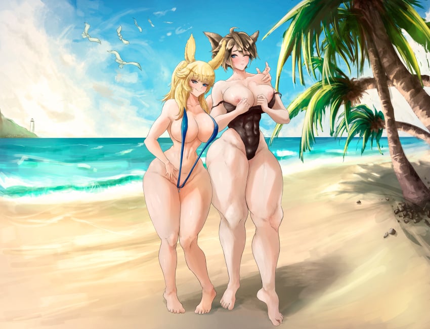 beach big_breasts blonde_hair blonde_highlights blush breasts brown_hair brown_highlights bunny_ears bunny_girl exposed_breasts exposed_pussy exposing_breasts feet female female_only femroe final_fantasy final_fantasy_xiv heterochromia lighthouse lordmagnuss muscles muscular_female nipples oc ocean original_character raegan_reaves reagan_reaves roegadyn sand sea seagull seaside sisters sling_bikini slingshot_swimsuit smirk smirking swimsuit swimsuit_pull tall thick thick_thighs thin_waist tight_swimsuit tight_swimwear tree tropical viera zipper zipper_down