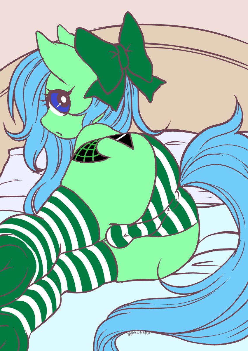 1boy androgynous anus anus_outline ass balls balls_in_panties bed big_ass big_butt blue_eyes blue_hair blue_mane bow bulge clothing crossdressing curvy cutie_mark equine equine_anus eyelashes femboy feral friendship_is_magic fully_clothed girly green_bow green_fur green_ribbons green_skin highres hooves horse horse_ears horse_tail huge_ass huge_butt large_ass legwear looking_at_viewer looking_back lying_down lying_on_bed male male_only mammal my_little_pony original_character penis_in_panties pony ribbon signature sissy small_balls solo stockings striped_legwear striped_panties striped_stockings striped_thighhighs striped_underwear surprised thighhighs tight_clothing trap underwear wide_hips yamikoneko