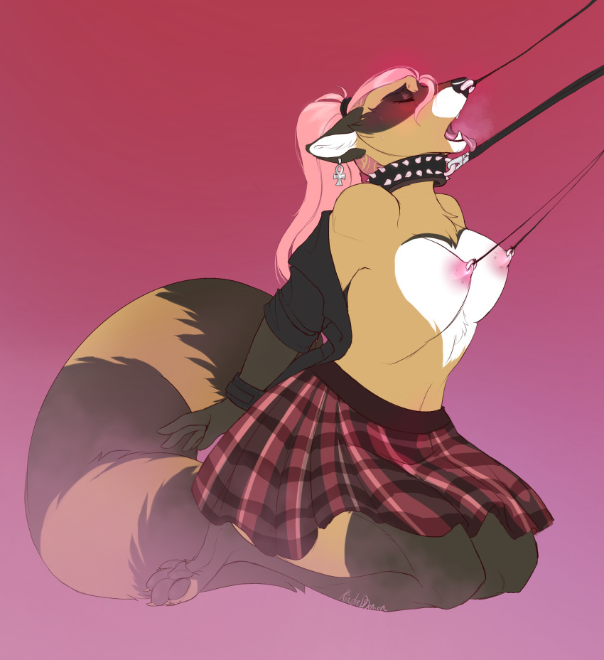 absurdres bound breath collar ear_piercing ear_ring female furry glasswalker highres kneeling leash lilith_(glasswalker) nipple_play panting piercing piercing_tug plaid_skirt ponytail school_uniform septum shirt topwear tug uniform