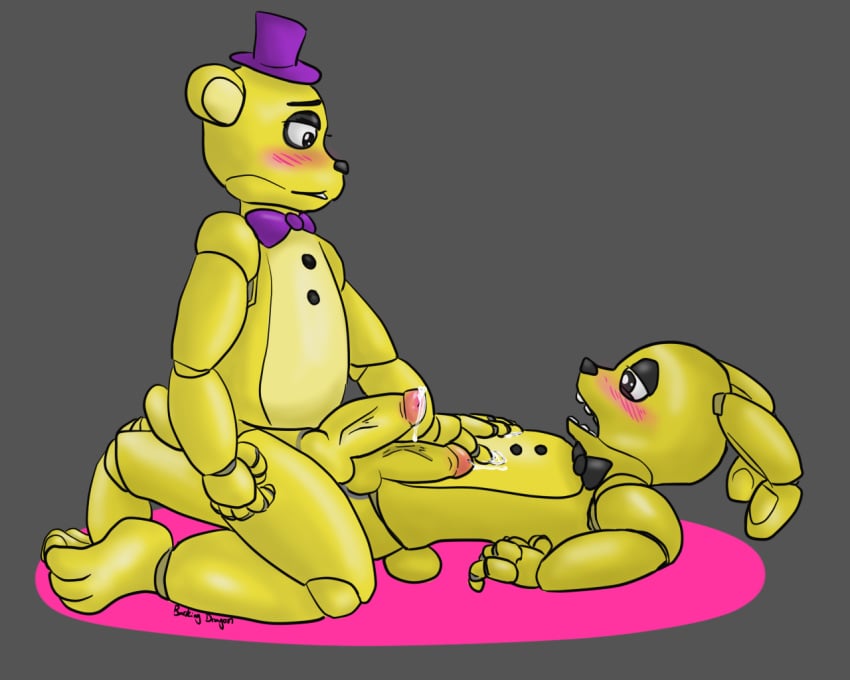 5:4 animatronic balls barkingdragon blush bodily_fluids cum five_nights_at_freddy's fredbear_(fnaf) gay genital_fluids genitals lagomorph leporid machine male male/male mammal penis rabbit robot spring_bonnie spring_bonnie_(fnaf) ursid video_games