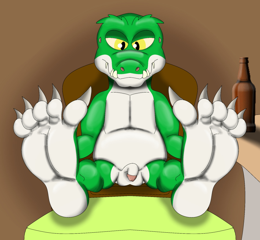 5_toes alligator alligatorid anthro balls barefoot bottle chair circumcised claws cregon crocodile crocodilian crocodylid feet foot_focus hi_res humanoid_penis jollyville male male_only nude penis reptile scalie simple_background sitting soles teeth toes