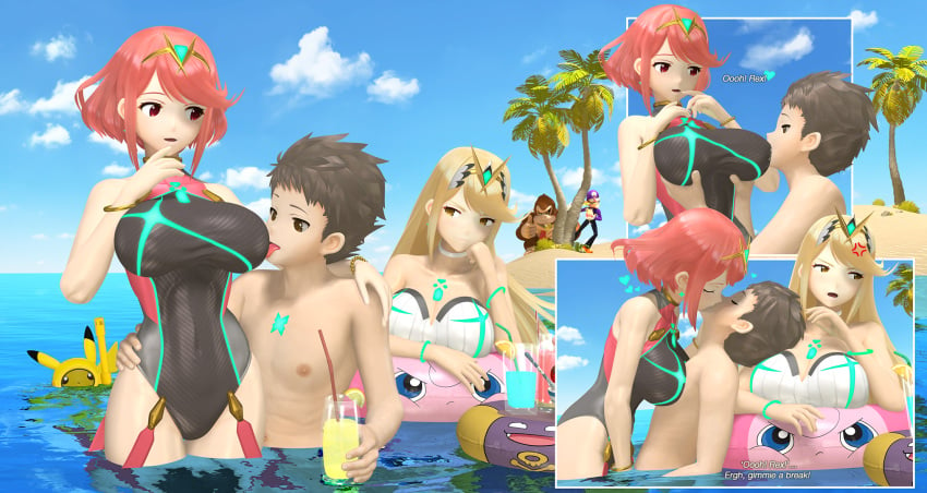 2girls 3d 3d_(artwork) 4boys anger_vein angry banskinator beach big_breasts blonde_hair breast_licking breast_sucking breasts brown_hair cleavage cloud competition_swimsuit crossover cup donkey_kong donkey_kong_(series) eavesdropping female floater gem hair_ornament headpiece island jewelry jigglypuff kissing koffing large_breasts licking long_hair male mario_(series) multiple_girls multiple_images mythra nintendo ocean one-piece_swimsuit open_mouth palm_tree pikachu pokemon pokemon_(species) pokemon_rgby pyra red_hair rex_(xenoblade) sand shirtless short_hair size_difference sky smaller_male smile source_filmmaker staring straight super_smash_bros. super_smash_bros._ultimate swimming swimsuit threesome thumbs_up tiara tongue tongue_out tree urbanator waluigi water xenoblade_(series) xenoblade_chronicles_2