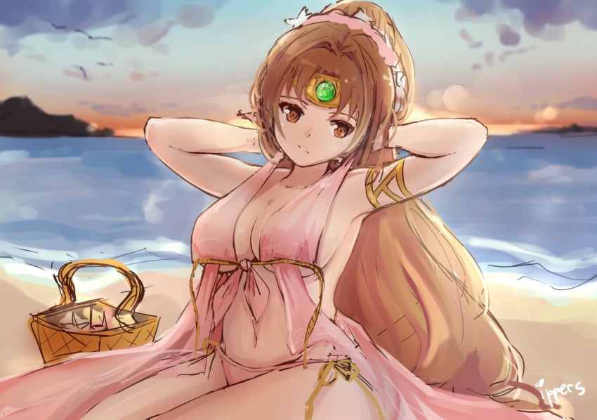 1girls 2018 armpits arms_behind_head artist_name basket beach breasts brown_eyes brown_hair circlet cleavage closed_mouth cloud female female_only fire_emblem fire_emblem:_mystery_of_the_emblem fire_emblem:_shadow_dragon_and_the_blade_of_light fire_emblem_heroes human ippers large_breasts linde_(fire_emblem) linde_(summer)_(fire_emblem) long_hair midriff navel nintendo outdoors pink_swimsuit ponytail sitting sky solo swimsuit water